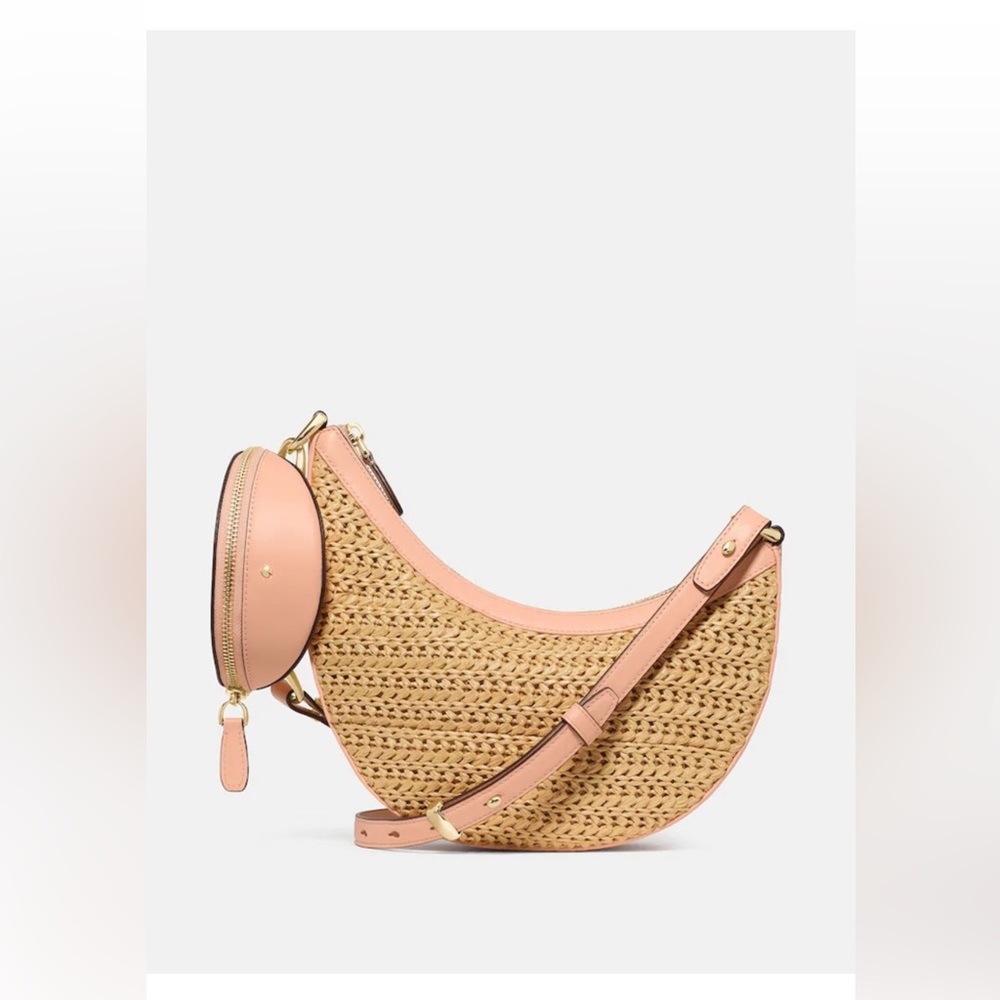 kate spade Pink-Trim Straw Crescent Crossbody with Coin Pouch